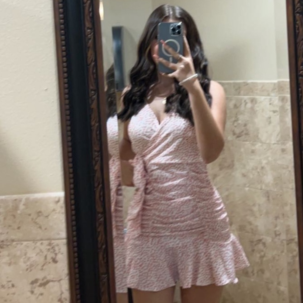 pink white dotted summer ruched spaghetti strap summer dress